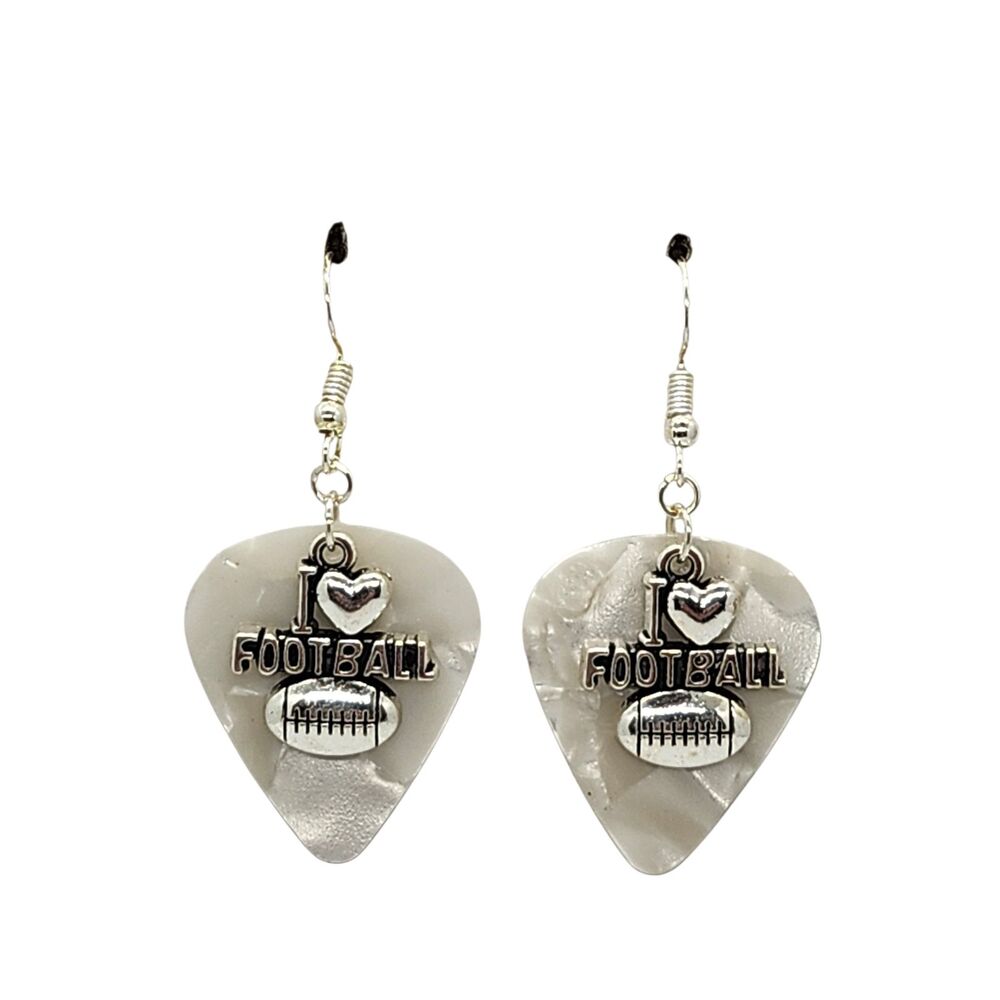 I Love Football Charm on Guitar Pick Earrings - Choose Color - Handmade in USA